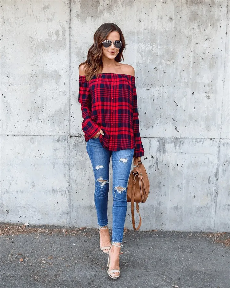2018 Spring Autumn Women Casual Plaid Off Shoulder Blouse Shirts Fashion Button Red Classical Long Sleeve Tops |