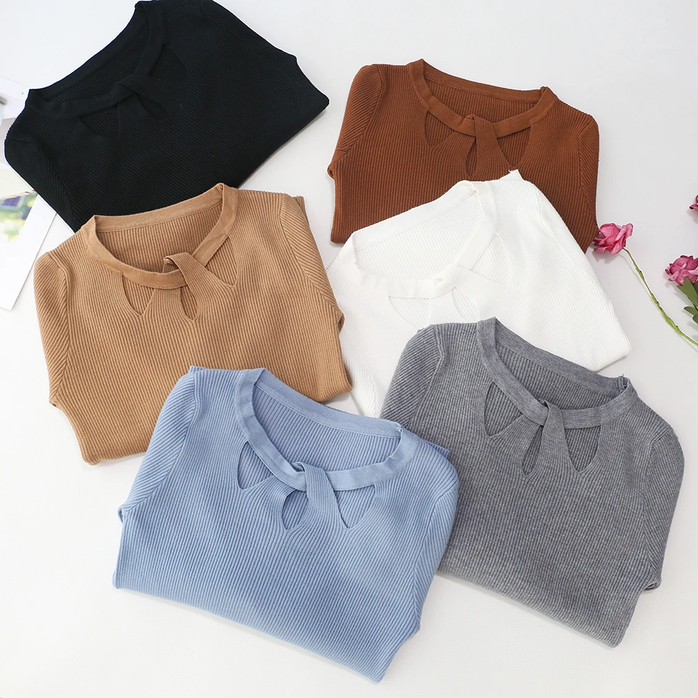 sweaters fashion Women's Clothing knitted sweater spring fall winter brand o-neck criss-cross slim top off shoulder | Женская одежда