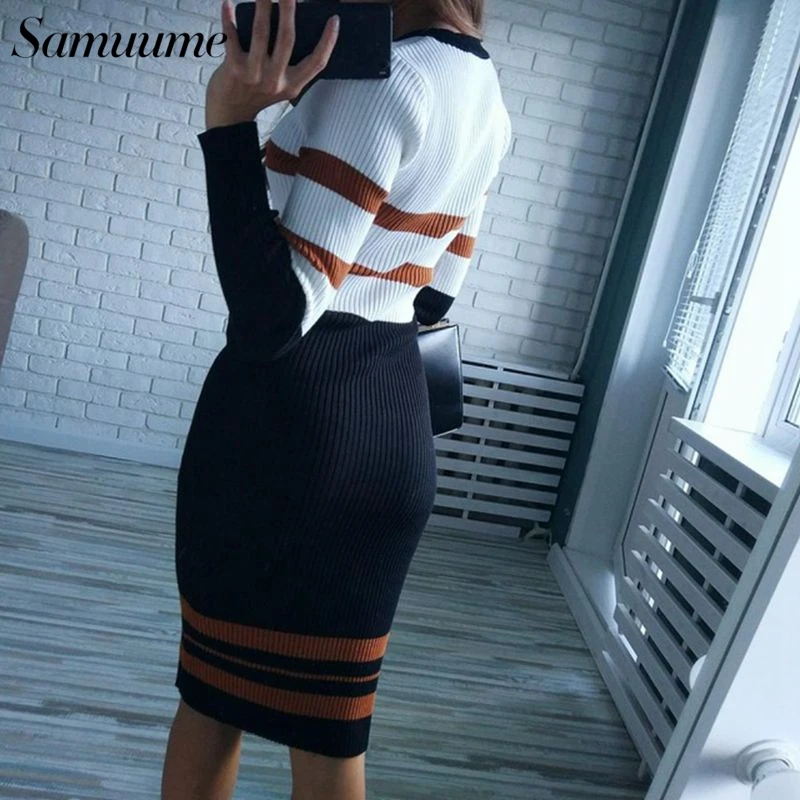 Samume осень 2018 для женщин Полосатый обёрточная бумага вязаное платье оболочка с