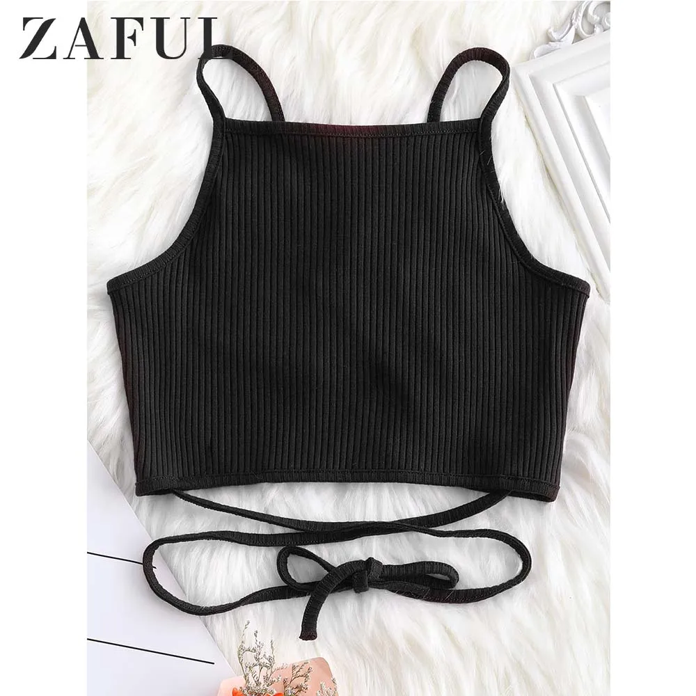 ZAFUL Крестиками Ребристая Майка Лето Хлопок Тонкий Ремень Сплошной Цвет Crop Top