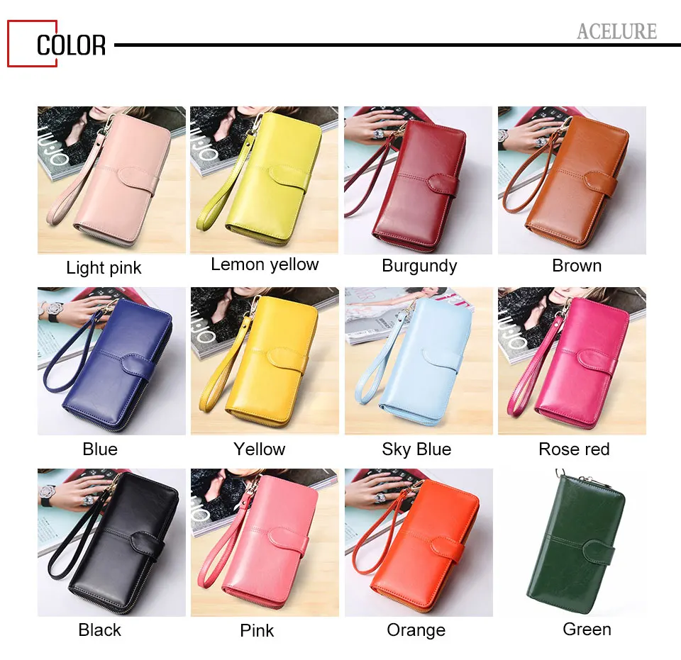 ACELURE Solid Color Women Long Wallets Simple Style Zipper& Hasp Purse With Card Holder Oil Wax Pu Leather Ladies Daily Wallet