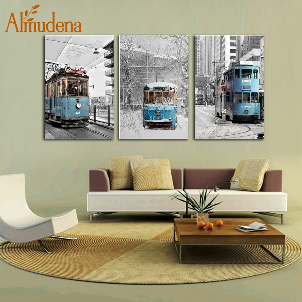 

ALMUDENA Vintage Blue Tram Nordic Minimalist Landscape Painting Modern Home Decoration Living Room Wall Art Poster Unframed