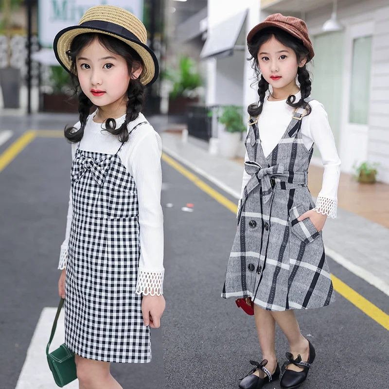 

Cute Girls Clothes Sets Spring Autumn Long Sleeve Tops + Bow Plaid Strap Dresses 2PC Baby Kids Clothes Casual Girls Outfits