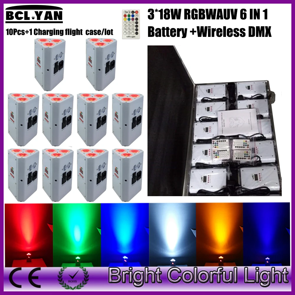 10xlot + чехол Новый плоский аккумулятор led Клин par 3x18w RGBWAUV беспроводной dmx свет