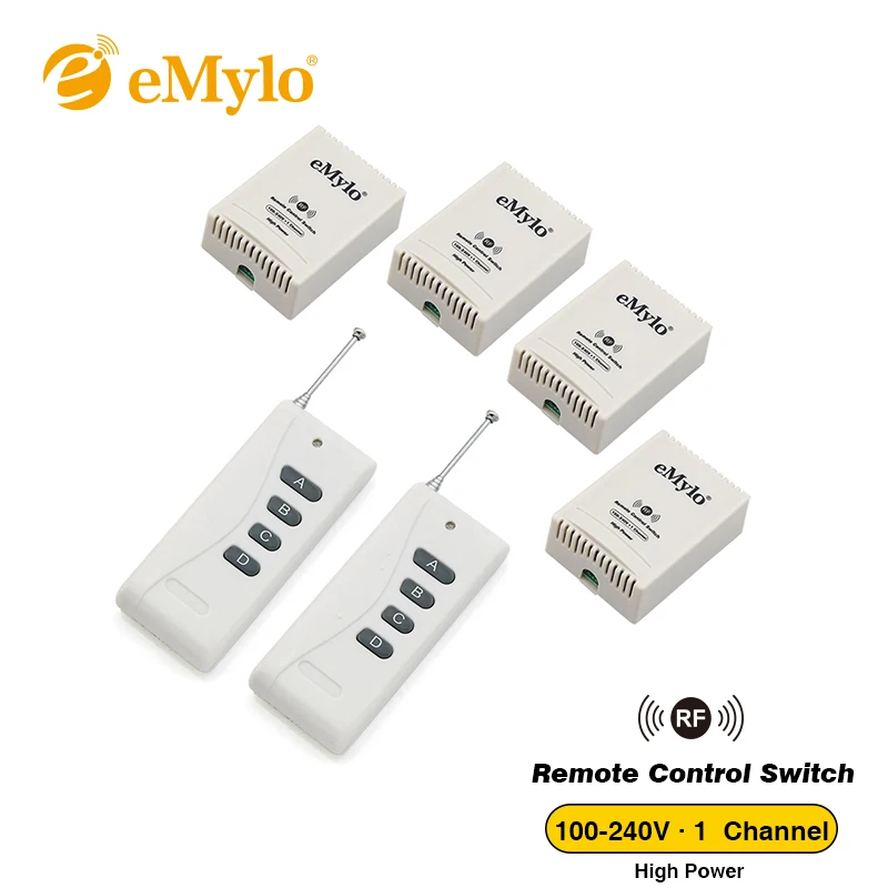 

eMylo RF AC 100-240V 2500W Smart Switch, Wireless Remote Control Light Switch White Color Transmitter 4X 1 Channel Relays Toggle