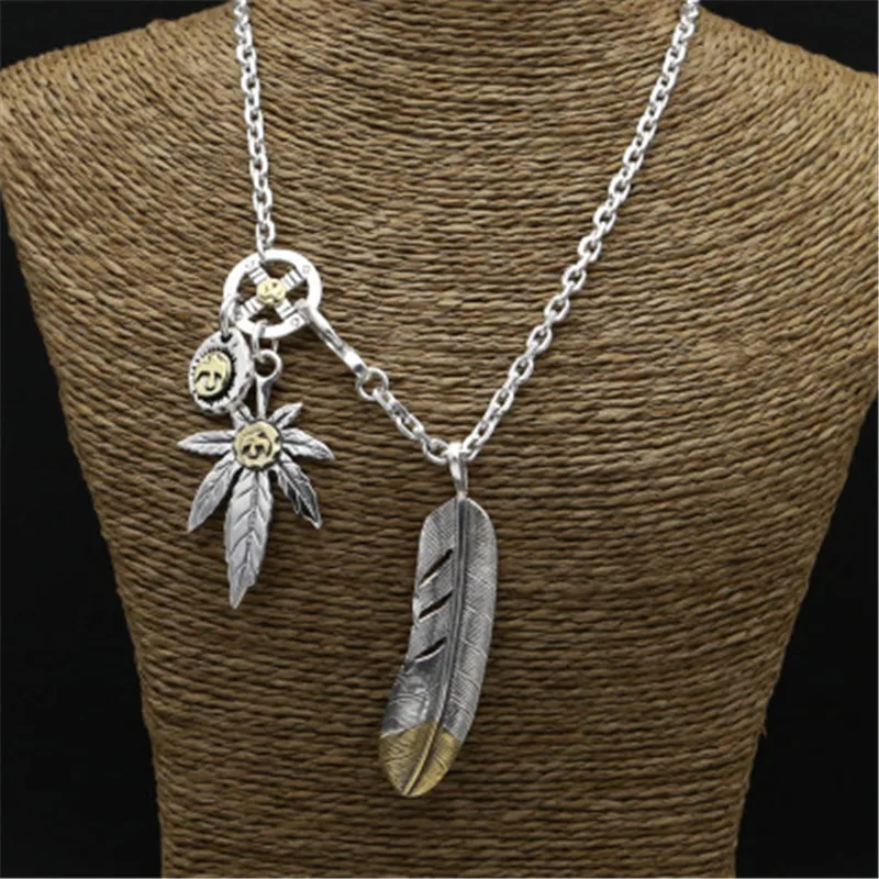 

Vintage Indian Style Pure Silver 925 Long Necklace Men Women Handmade Sterling Silver Jewelry Eagle Tag Feather & Leaf Pendants