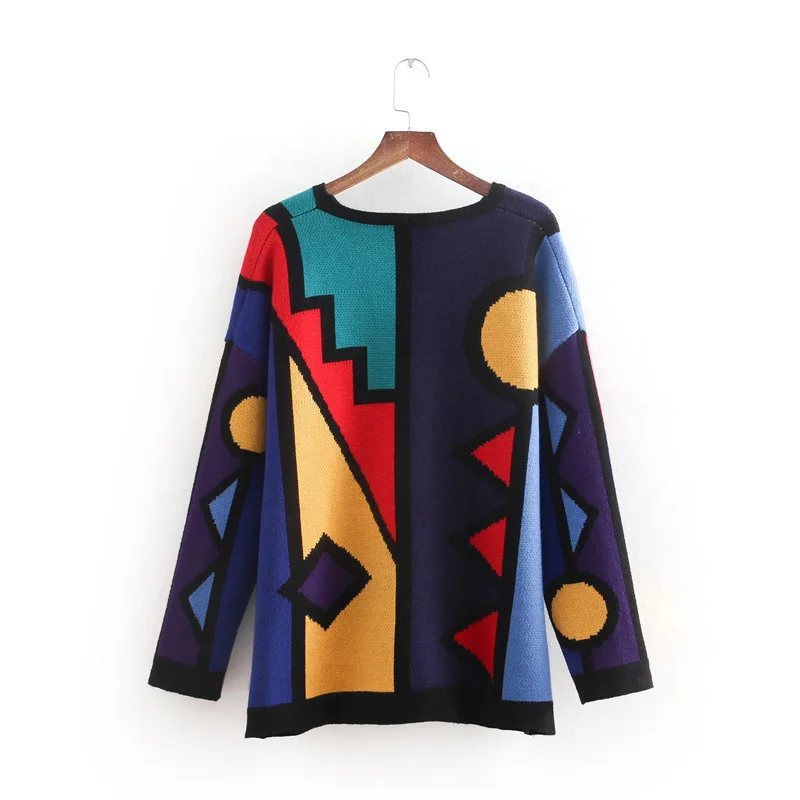 Twojstyle 2018 Autumn Winter Women Sleeve Knitwear Fashion Able Color Geometric Long Sleeved Round Collar Loose Knitted Sweater | Женская