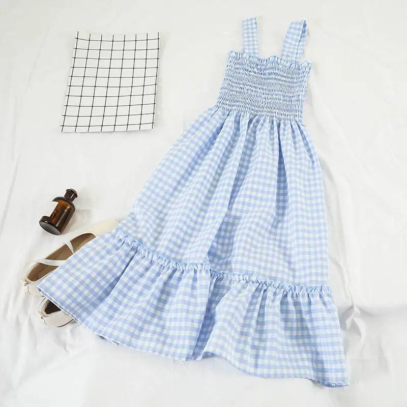 Женское платье спагетти Mferlier летнее плиссированное в клетку синего красного