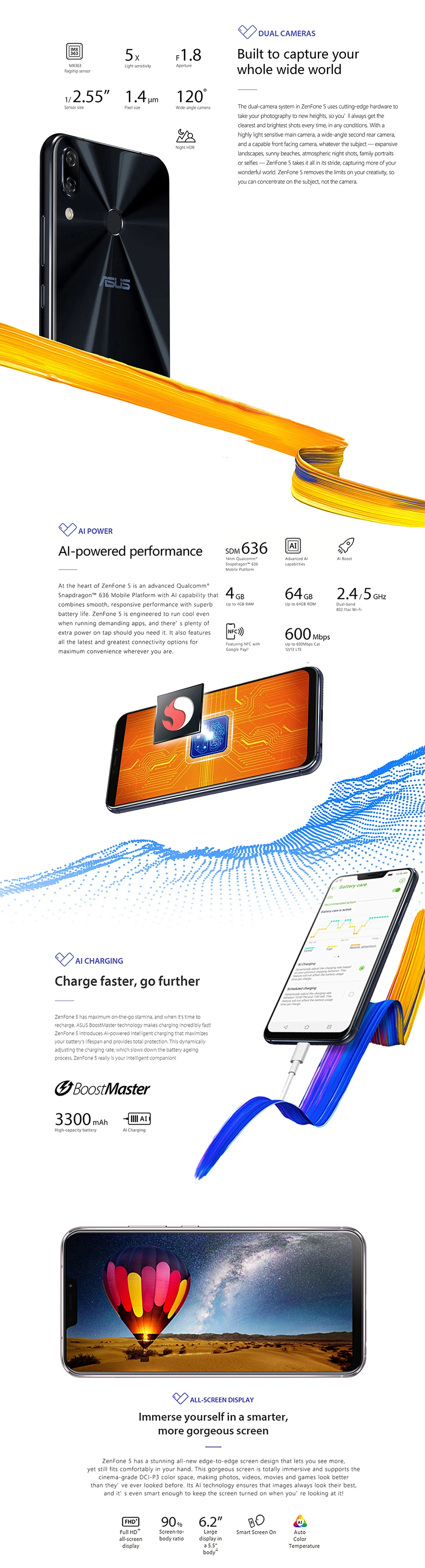 ASUS Zenfone 5 ZE620KL 6," 19:9 FHD+ 2246*1080 экран Android 8,0 мобильный телефон 4 Гб 64 Гб NFC