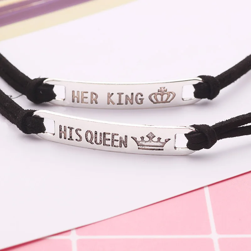 Браслет из нержавеющей стали с надписью «Her King», «His queen», браслет для влюбленных, подарок на день Святого Валентина