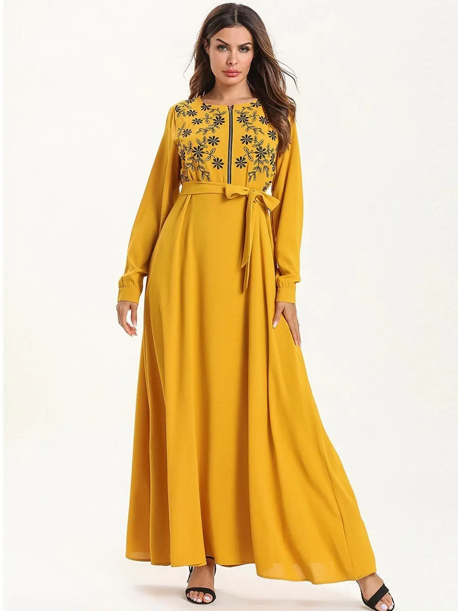 Abaya женская одежда больших размеров 4XL с длинным рукавом желтая молния Бандажное