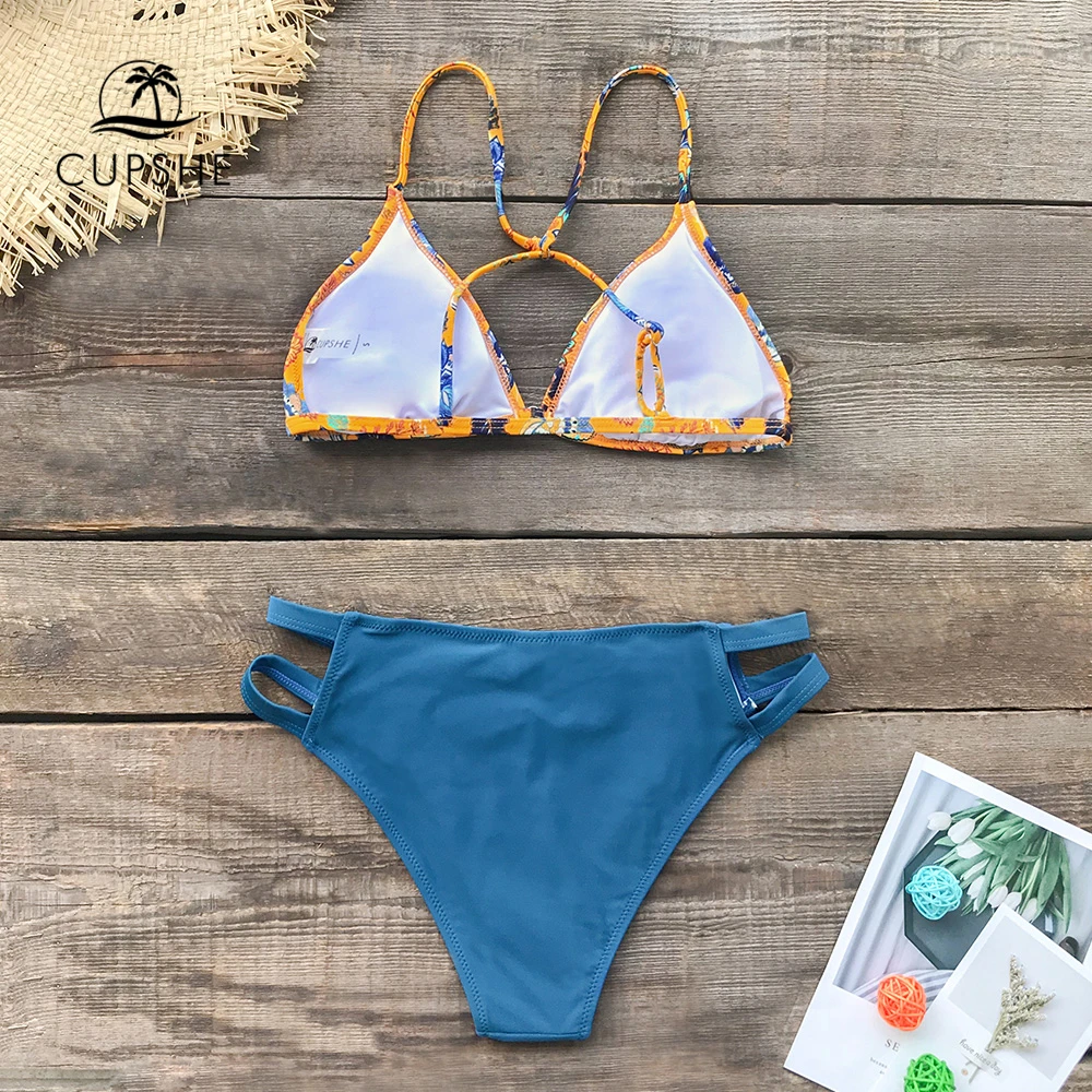 CUPSHE темно синий и желтый цветочный принт Треугольные бикини наборы женские