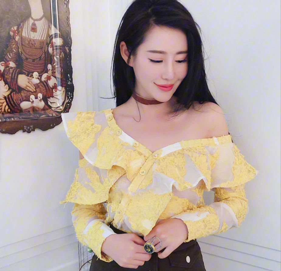 Women Ladies Yellow Floral Embroidery Lace Blouses Shirts Long Sleeve Tops Sloping Shoulder Shirt chemise femme boat neck |