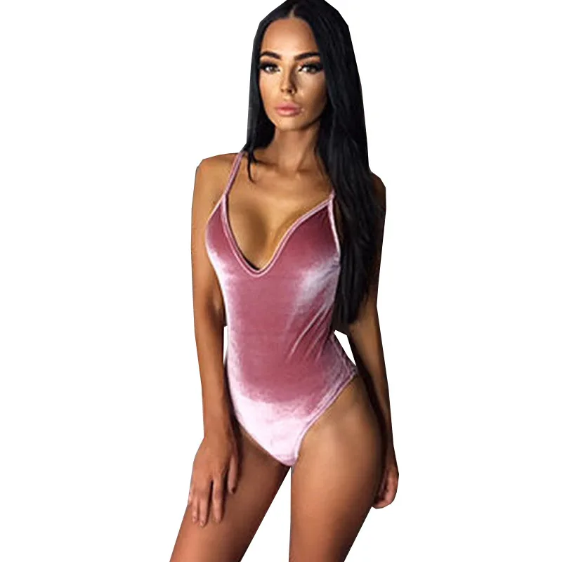 Женское бархатное боди с бретельками сексуальные v-образным вырезом комбинезон