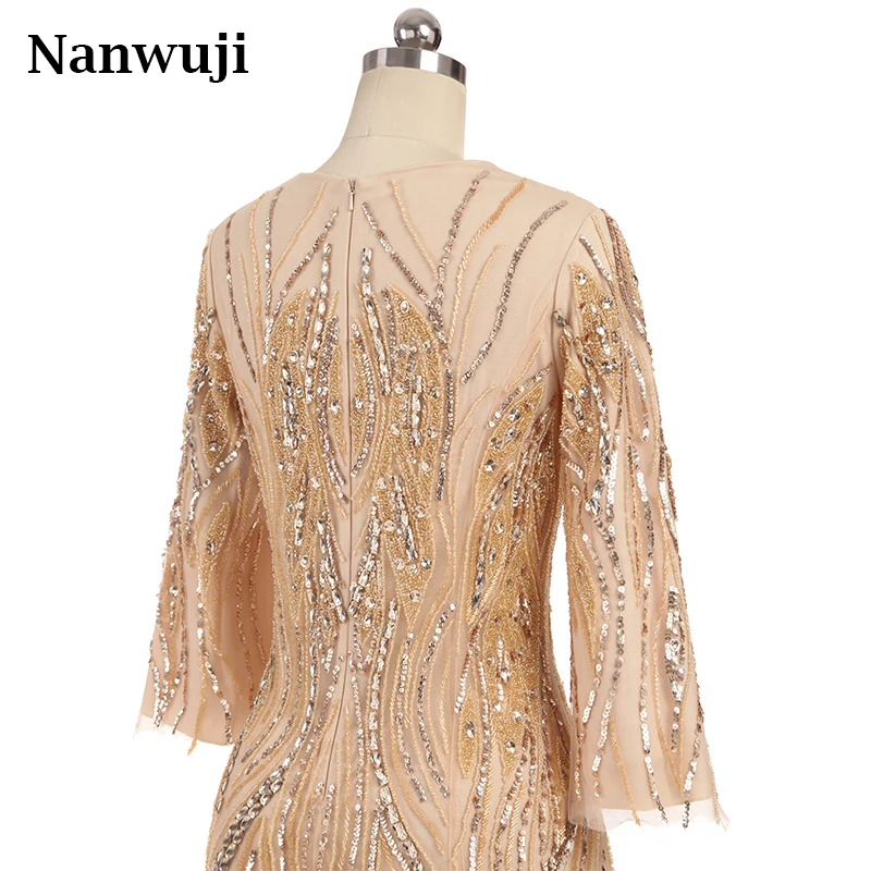 

Champagne Formal 2017 Sexy High Neck Noble Women Dresse Muslim Long seleeves Knee length Short Mother of the bride dress