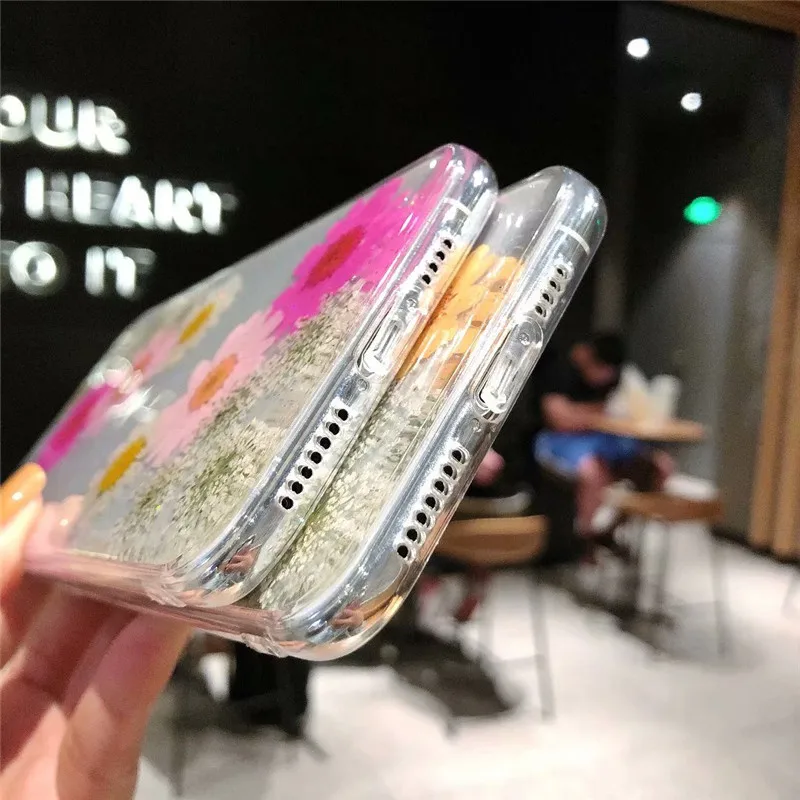 Colorful Real Dried Flowers Soft Phone Case For iPhone X XS Max XR Cute Clear Floral Back Cover 6 6S 7 8 Plus Coque |