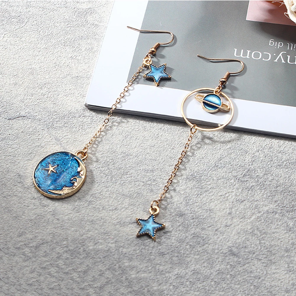 2019 New Korean Style Jewelry Blue Star Moon Long Drop Earrings For Women Asymmetric Round Planet Fashion Girls Gifts | Украшения и