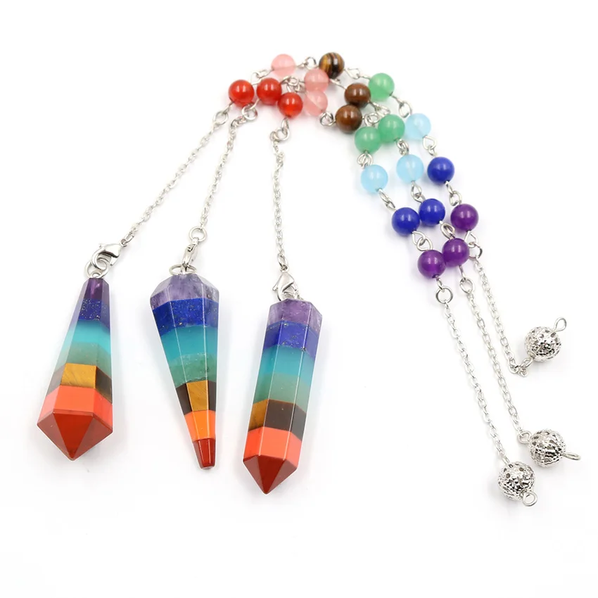 

xinshangmie Silver Plated Reiki Pyramid 7 Chakra Stone Rainbow Layered Healing Point Pendant Pendulums Dowsing Jewelry