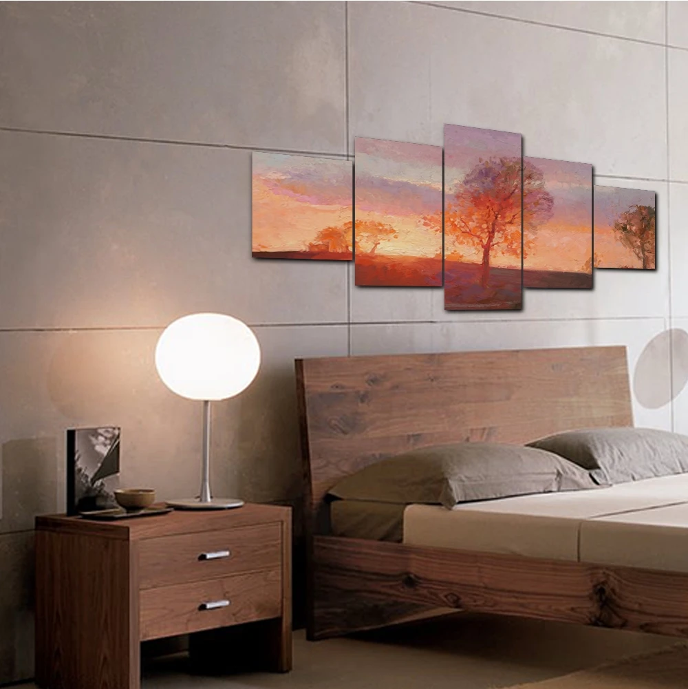 Laeacco Canvas Calligraphy Painting 5 Panel Sunrise Tree Posters And Prints Wall Art Pictures for Living Room Home Decor | Дом и сад