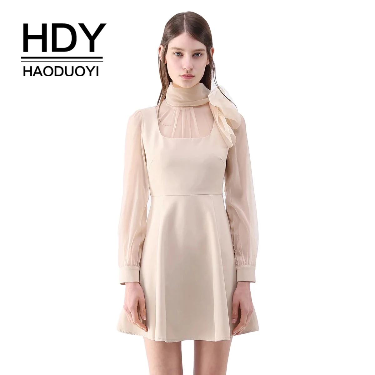 Платье рубашка HDY Haoduoyi однотонное мини платье А силуэта с длинным рукавом и