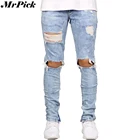 Мужские джинсы-скинни с боковой молнией, модные повседневные рваные джинсы в стиле хип-хоп, T0283, 2017