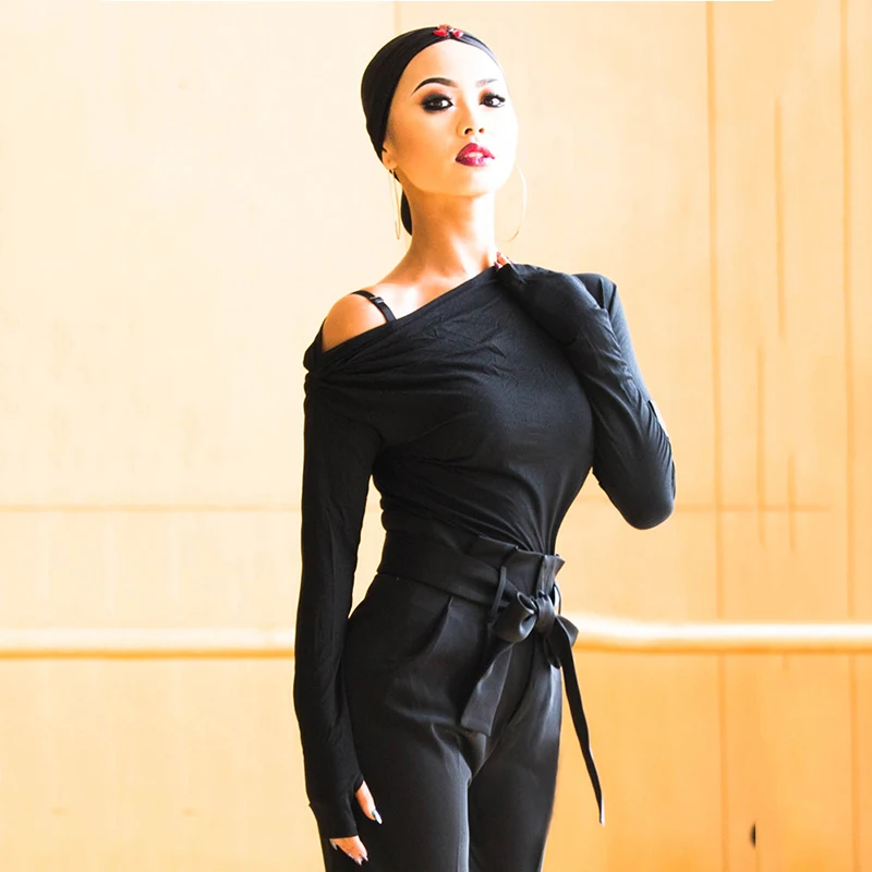 Рубашки для латиноамериканских танцев сексуальный топ с длинным рукавом и косым