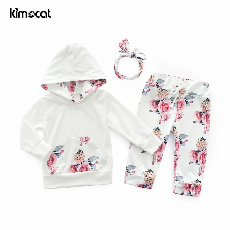 

Kimocat, одежда для маленьких девочек, костюм из 3 предметов, повязка на голову, милый костюм с капюшоном для девочек, розовый костюм с цветочным ...