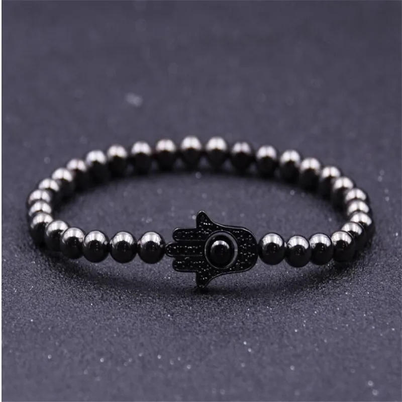 New Hematite Beads Stone Bracelets Fatima\Hamsa Hand Charm  For Men Macrame Barbell Jewelry pulseira masculina