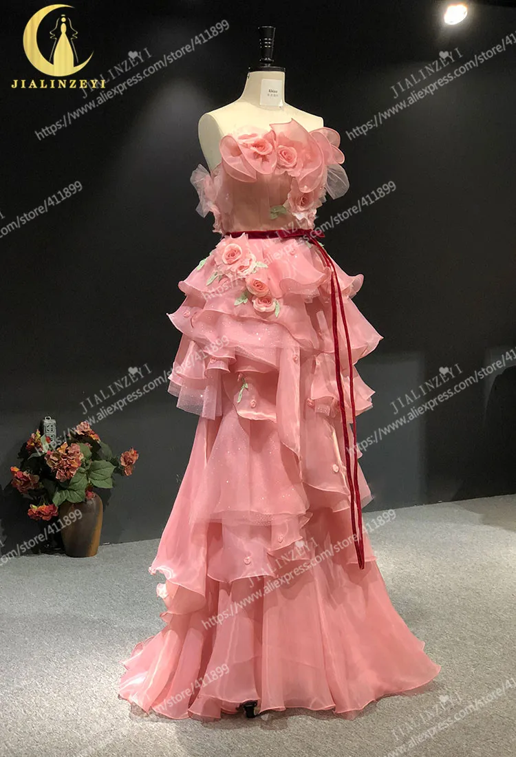 JIALINZEYI реальная фотография Сексуальная Marchesa рукава розовые цветы A-Line Длина до пола платья вечерние платья