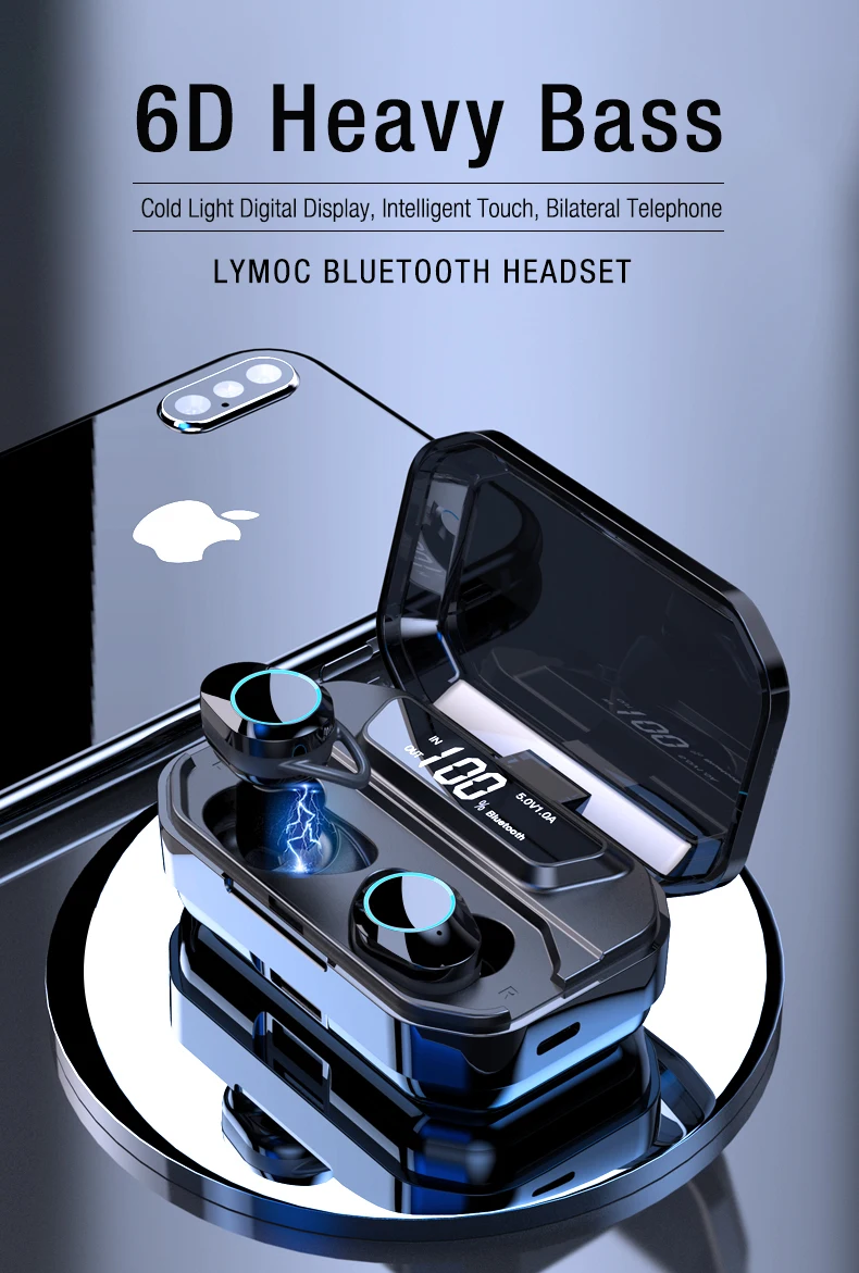LYMOC 6D bluetooth наушники 5,0 беспроводные наушники светодиодный дисплей батареи CVC8.0 HiFi сенсорные гарнитуры 3300 мАч Зарядка для iPhone Android