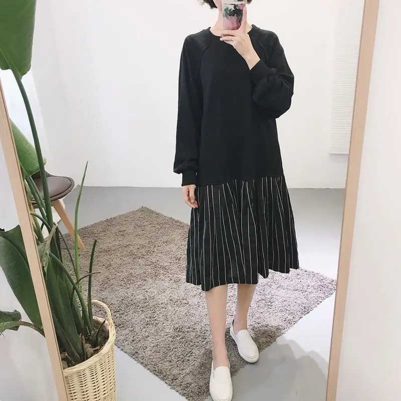 Winter Dresses Women 2017 Casual Loose Striped Patchwork Fake Two Piece Long SLeeve Sweatshirt Dress Black Midi D216 | Женская одежда