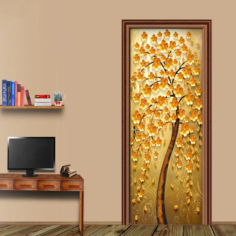 

European Style Retro Golden Tree Murals Wallpaper 3D Abstract Art Door Sticker PVC Self-Adhesive Waterproof Wall Covering Fresco