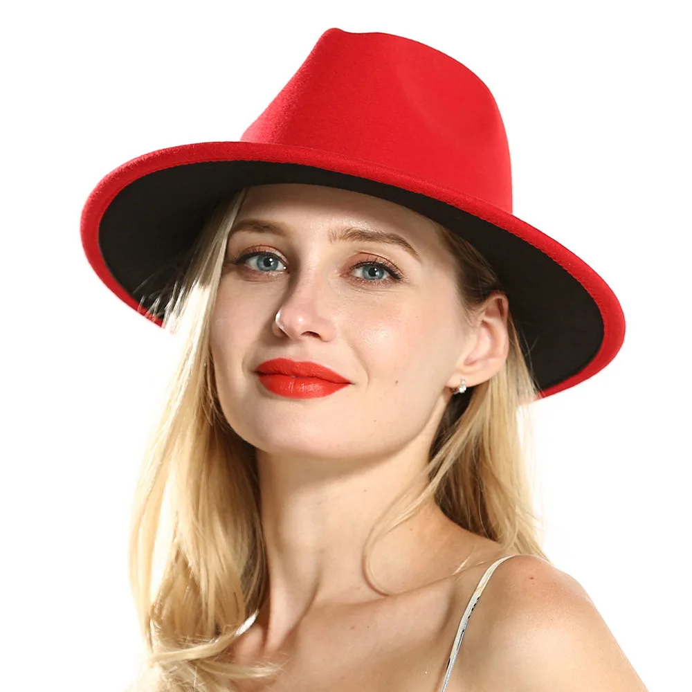 jazz red black Красные, черные Лоскутные плоские фетровые шляпы женские фетровые джазовые шляпы Fedora Повседневные Мужские Женские Солнцезащитный козырек Панама с широкими полями унисекс Trilby - Цвет: jazz red black