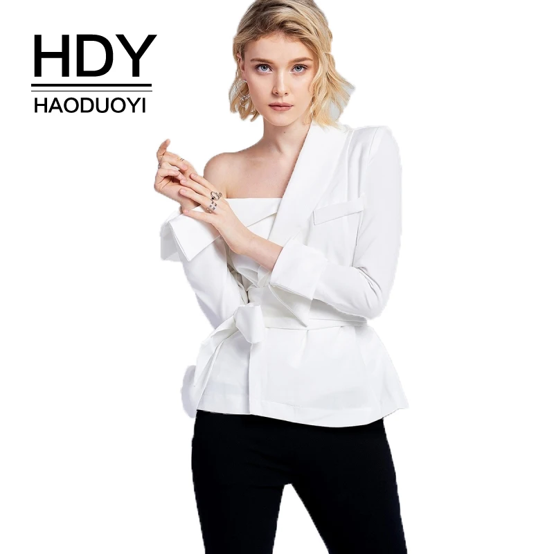 HDY Haoduoyi 2019 Стильная женская рубашка плечо Однотонная белая для женщин с длинным