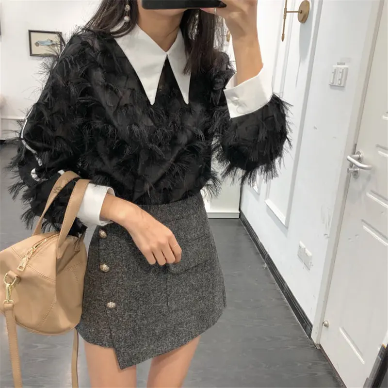 Женские винтажные свободные рубашки Hzirip черные повседневные шифоновые в