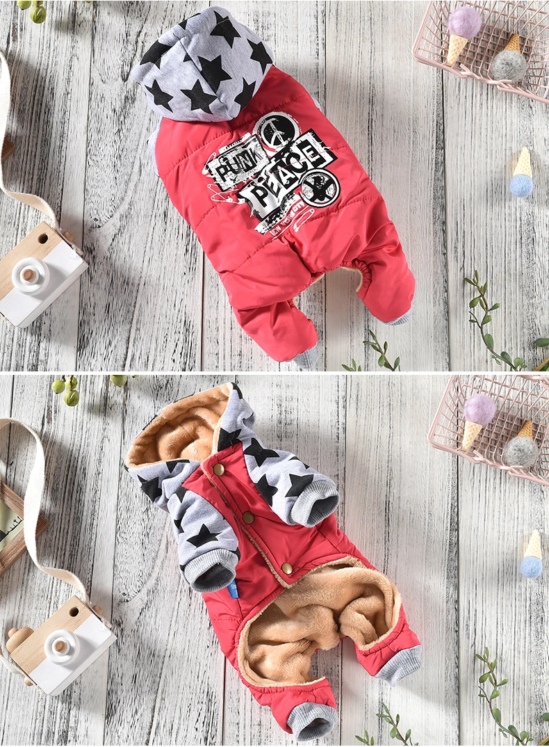 Winter New Arrivals Warm Dog Clothes with Five-pointed Star Printed Hit Color Four-footed Pet Jumpsuit for Small Dog Pug Clothes
