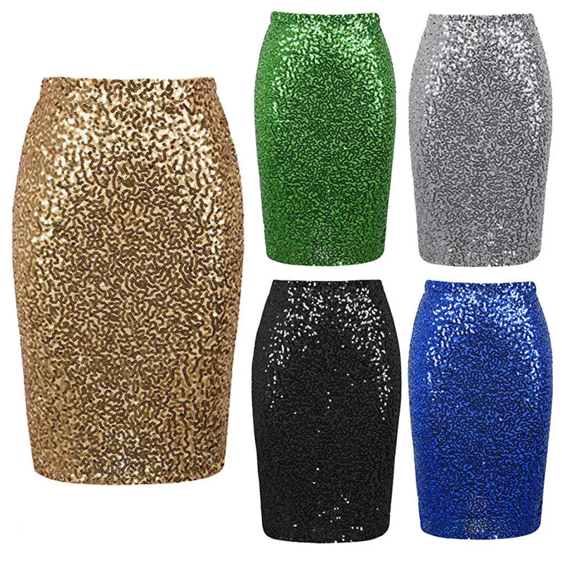 Высококачественная Женская Однотонная юбка-карандаш с пайетками облегающая