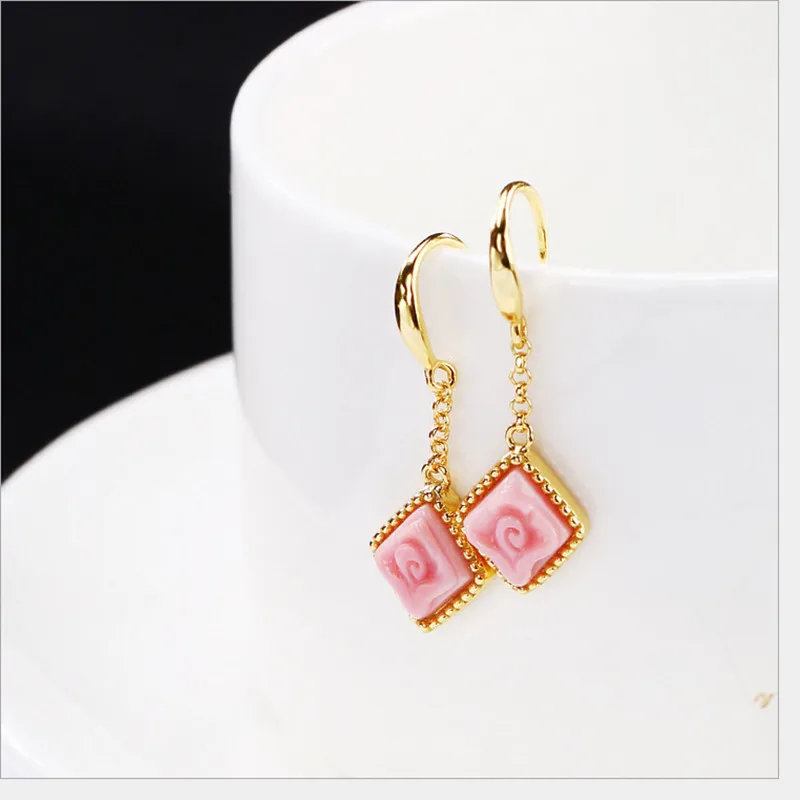 Uglyless Geometric Fine Jewelry for Women Natural Pink Shell Earrings Handmade Rose Flower Gold Plated Solid 925 Silver | Украшения и