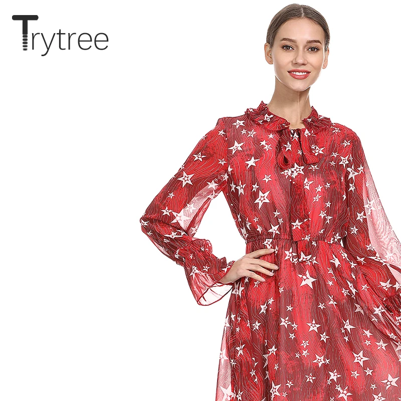 Trytree лето осень платье повседневное полиэстер принт звезда женские платья Бант