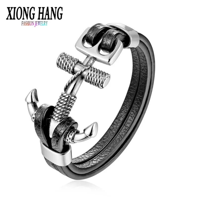 Мужской браслет из натуральной кожи и нержавеющей стали с якорем|Цепочки