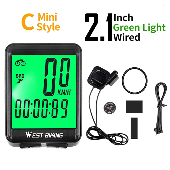 2.1 Green Wired WEST BIKING 2," большой экран велосипедный компьютер беспроводной проводной велосипедный компьютер непромокаемый Спидометр Одометр секундомер для велоспорта - Цвет: 2.1 Green Wired