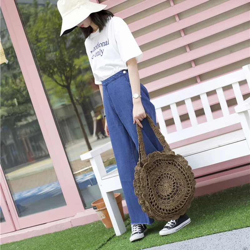 Sun Flower Beach Tote Bag Soft Paper Rope Crochet Round Straw Boho Retro Foldable Shoulder Travel Rattan For Women | Багаж и сумки