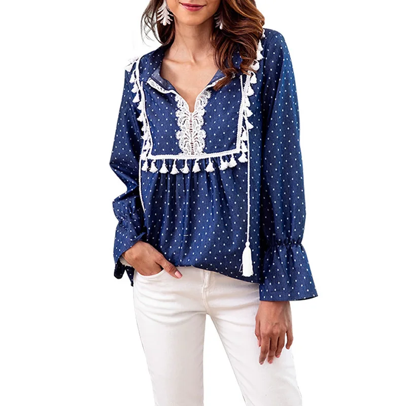 Denim Women Long Sleeve Blouses Woman Loose With Lace Dot V Neck Blue Blouse 2019 Women Autumn Casual Printed Tassel Tops Shirt