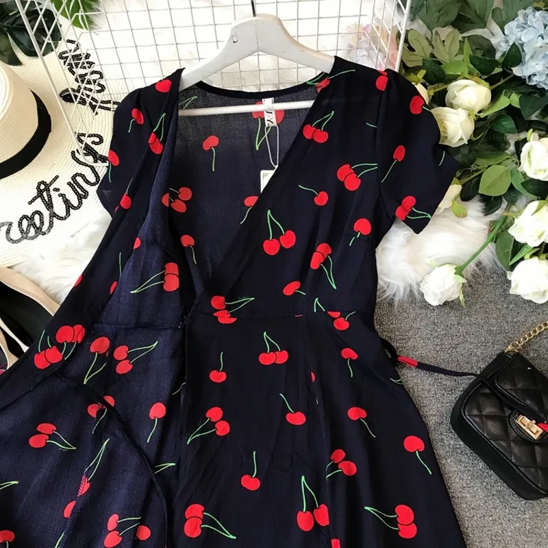 2019 модное летнее платье с вишневым принтом и глубоким v образным вырезом vestidos