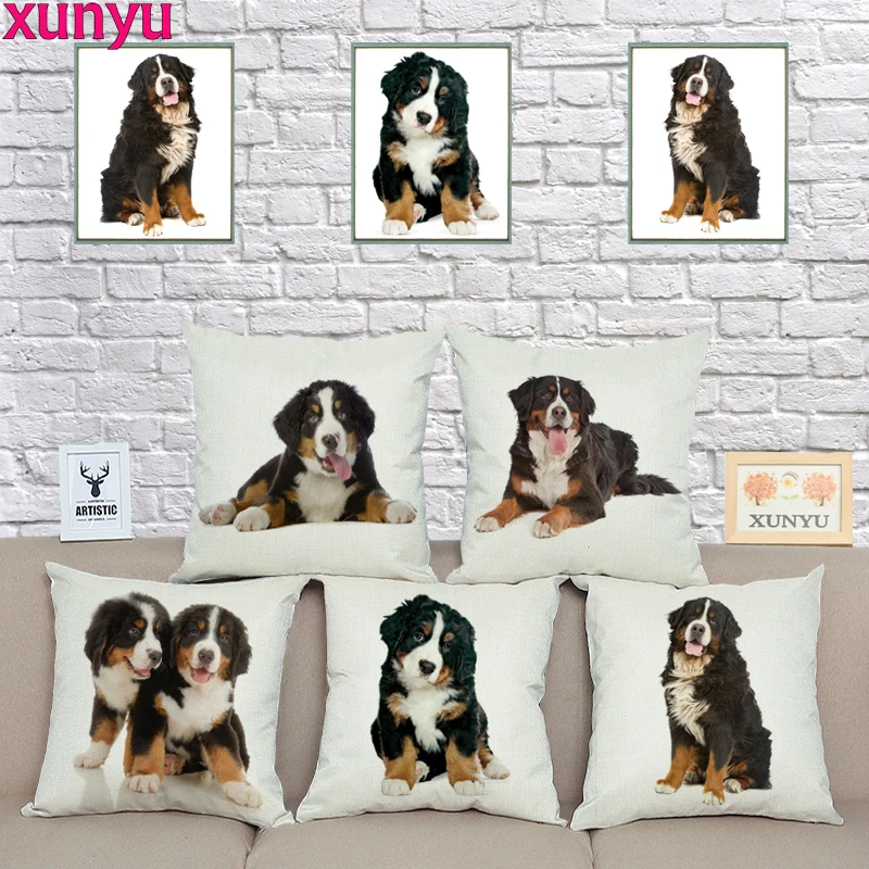 

XUNYU Cute Bernese Mountain Dog Print Linen Pilllowcase Home Sofa Square Cushion cover 45x45cm Animal Pattern Pillow cover AC074