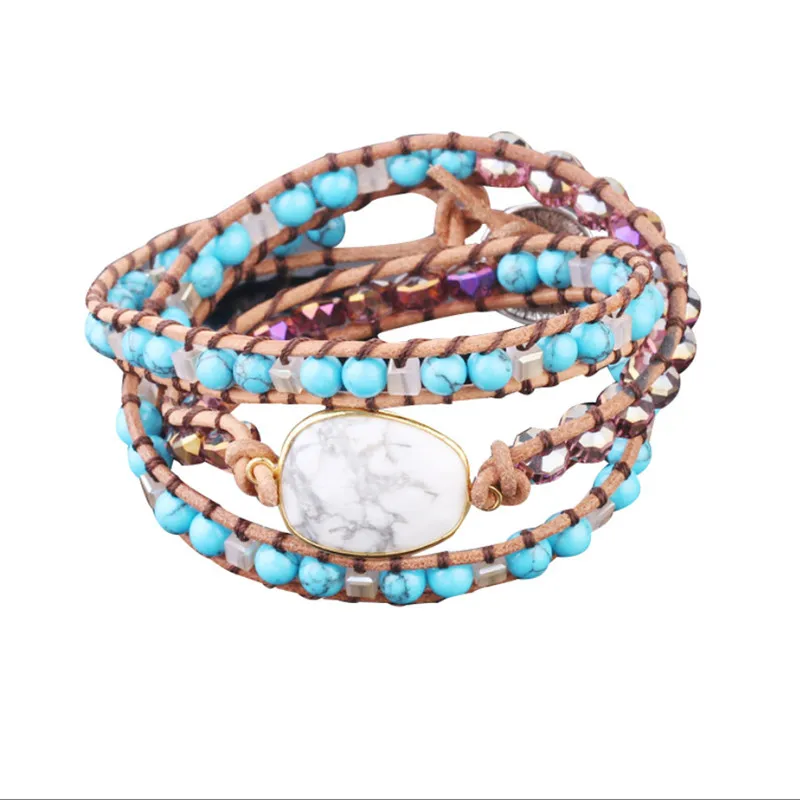 

Drop shipping Natural Stones White Howlite Charm 3 Strands Wrap Bracelets Handmade Boho Bracelet Women Leather Bracelet