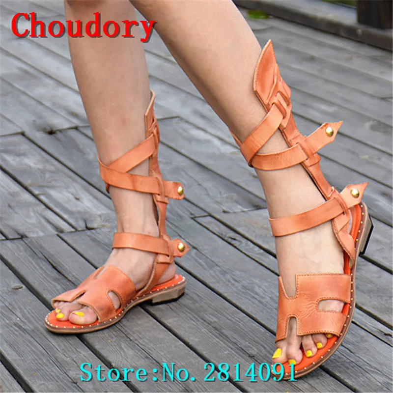 Choudory Genuine Leather Casual Buckle Strap Solid Sexy Low Heels Gladiator Sandals Narrow Band Cutouts Cross-tied Shoes Woman | Обувь