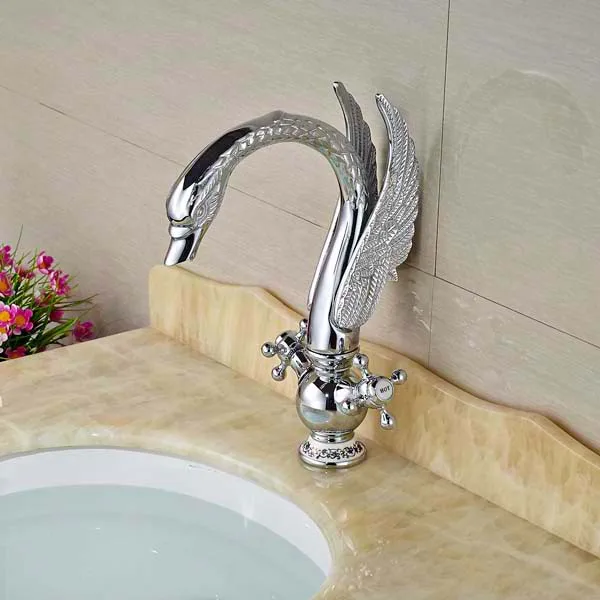 Новый хром латунь ванной кран двойной крест ручки лебедь на бортике раковина