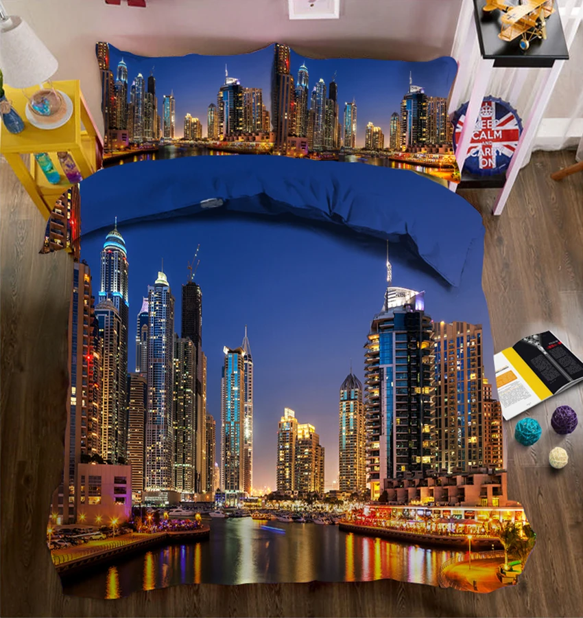 Queen luxury 3d bedding sets Nightscape pattern California king Twin Full bedsheet Fitted sheet style Duvet bed cover | Дом и сад