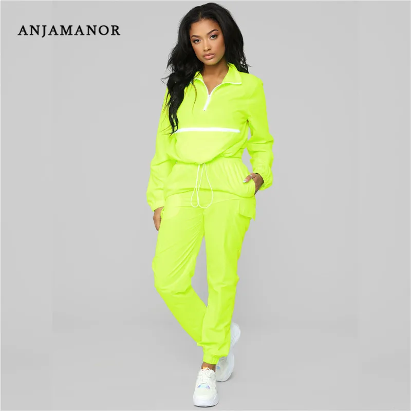 Женский неоновый спортивный костюм ANJAMANOR повседневный комплект из двух